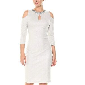 BNW MELROSE SOCIAL KEYHOLE METALLIC KNIT MIDI3/4 SLEEVE COLD SHOULDER DRESS